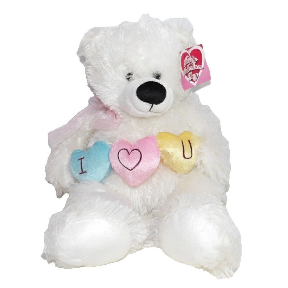 Valentines Day white stuffed bear plush with hearts approx 16" TL TOYS NEW